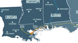 A map with the orange line indicating Amtrak's intended route to restore passenger rail service between New Orleans and Mobile. A map with the orange line indicating Amtrak's intended route to restore passenger rail service between New Orleans and Mobile.
