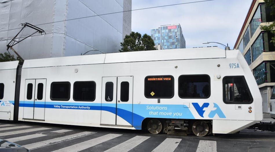 A Santa Clara VTA light-rail train moves in downtown San Jose in this file image. The transit authority is working to restore service to its light-rail system by the end of July.