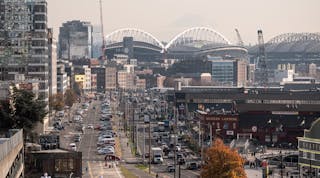 Looking south at Alaskan Way on Seattle&apos;s waterfront after demolition of the Alaskan Way Viaduct.