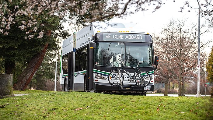 One of BC Transit's New Flyer Xcelsior buses in service.