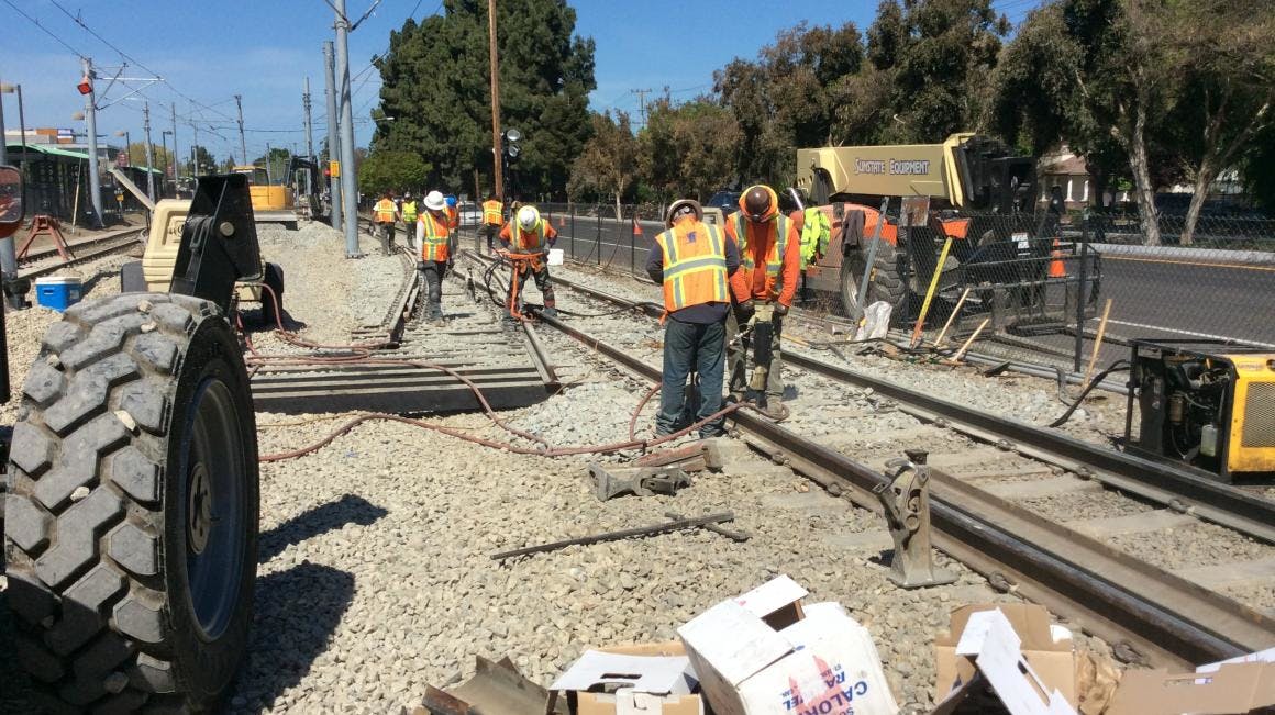 Repair work being done on Santa Clara VTA light-rail tracks in San Jose, Calif.
