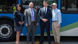 Left to right, LTD General Manager Aurora Jackson, Deputy Assistant Secretary Edward McGlone, Secretary Buttigieg and U.S. Rep. DeFazio. Left to right, LTD General Manager Aurora Jackson, Deputy Assistant Secretary Edward McGlone, Secretary Buttigieg and U.S. Rep. DeFazio.