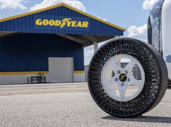 A Goodyear non-pneumatic (airless) tire (NPT). A Goodyear non-pneumatic (airless) tire (NPT).