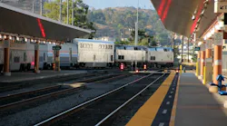An Amtrak train bound for Chicago departs Los Angeles Union Station.