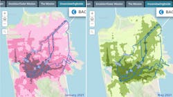 Side by side Graphics from the SFMTA Equity Toolkit showing an increase in job access from January service changes and May service changes for the Excelsior/Ocean View neighborhood. Side by side Graphics from the SFMTA Equity Toolkit showing an increase in job access from January service changes and May service changes for the Excelsior/Ocean View neighborhood.