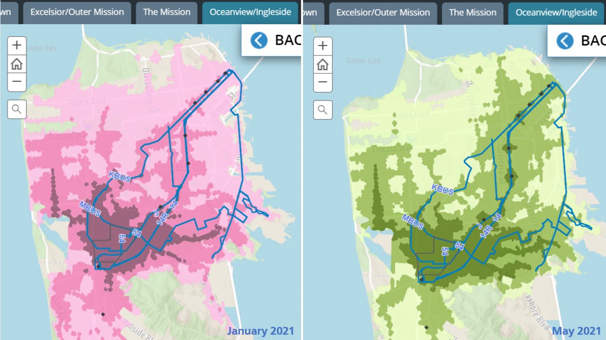 Side by side Graphics from the SFMTA Equity Toolkit showing an increase in job access from January service changes and May service changes for the Excelsior/Ocean View neighborhood.