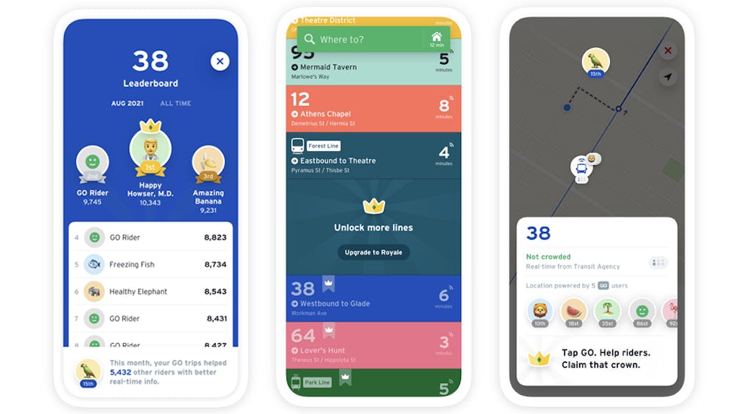 Three screenshots showing Transit Royale features including a leaderboard, left, home screen, center and celebrity status, right.