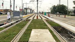 The partially installed green track mock-up at Warden Avenue’s Golden Mile stop looking west. The partially installed green track mock-up at Warden Avenue’s Golden Mile stop looking west.