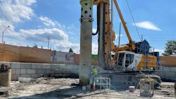 A secant pile drilling underway at the launch shaft on the northeast corner of Sheppard and McCowan.