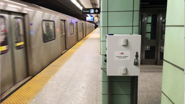 This box contains instruments to measure fine particulate matter on the platform of the St. George subway station.