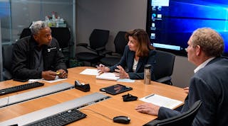 New York Gov. Kathy Hochul, center, speaks with MTA Senior Vice President of Subways Demetrius Crichlow, left, and Acting MTA Chair &amp; CEO Janno Lieber, right, on Aug. 30 to discuss the Aug. 29 breakdown of power that affected subway service.