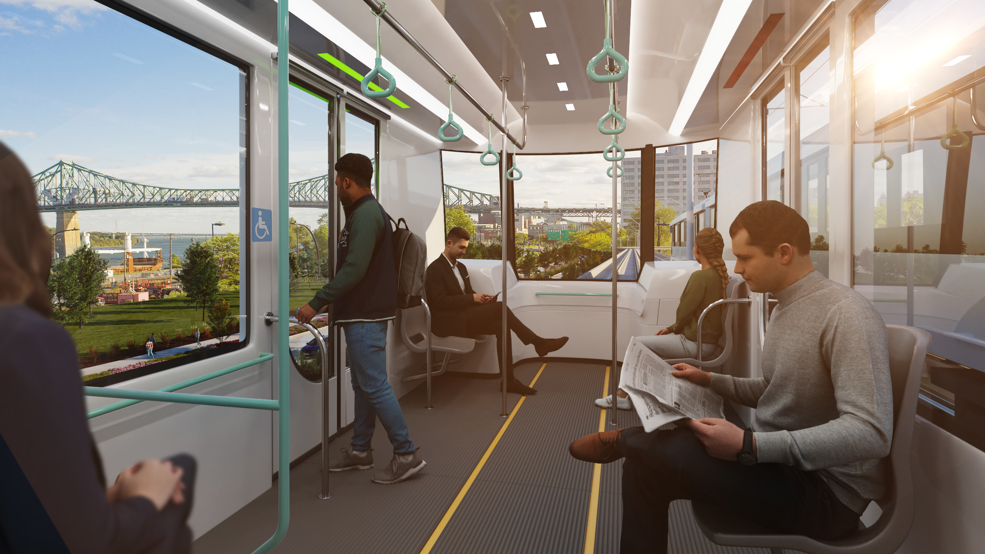 A rendering of the inside of the REM de l'Est train on an elevated section of the system.