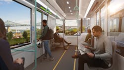 A rendering of the inside of the REM de l&apos;Est train on an elevated section of the system.