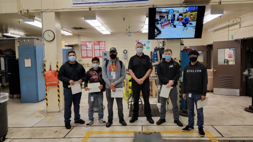 DTECH program graduates from left: Kevin Cervantes, Jhanny Sanchez, Alfredo Tevillo-Sanchez, DTECH Instructor Jon Paul Mitchell, Blake Saunders and Dave Dang.