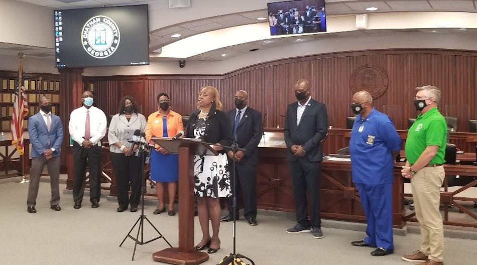 Valerie Ragland, CAT interim CEO, at podium, joins Chatham County and city of Savannah, Ga., officials in announcing a joint effort to incentive employee COVID-19 vaccination.