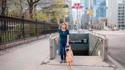 Denise Chamberlin with her guide dog Ridley emerges from the Toronto subway. Denise Chamberlin with her guide dog Ridley emerges from the Toronto subway.