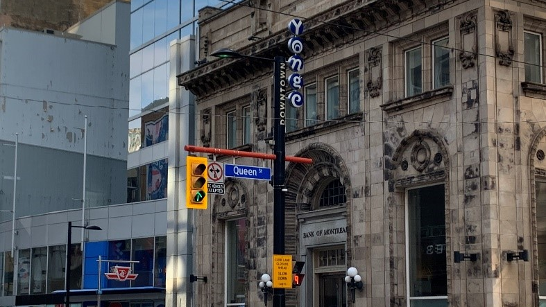 Toronto residents can see a great example of a subway station that fits with the surrounding architecture at the corner of Queen and Yonge.