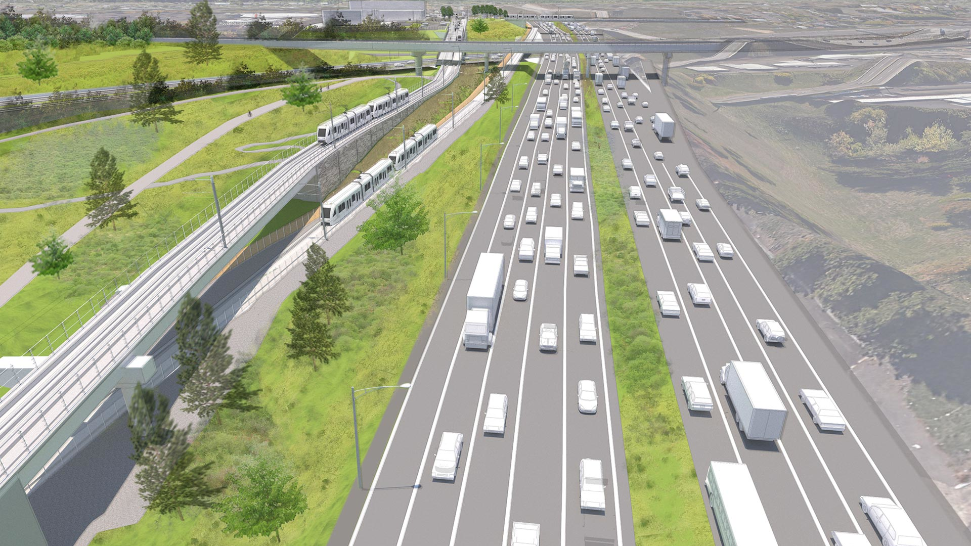 A conceptual rendering showing the second track on a new structure north of Gateway Transit Center that will help provider faster travel times for inbound MAX riders.