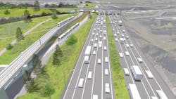 A conceptual rendering showing the second track on a new structure north of Gateway Transit Center that will help provider faster travel times for inbound MAX riders. A conceptual rendering showing the second track on a new structure north of Gateway Transit Center that will help provider faster travel times for inbound MAX riders.