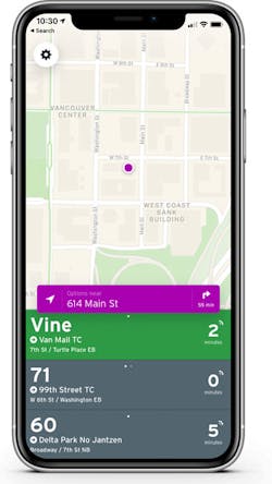 A screen capture of the Transit app C-TRAN riders can now use to access real-time information. A screen capture of the Transit app C-TRAN riders can now use to access real-time information.