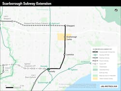 A map showing the route of the 7.8-kilometer (4.85-mile) Scarborough Subway Extension; one of four priority transit projects of the province. A map showing the route of the 7.8-kilometer (4.85-mile) Scarborough Subway Extension; one of four priority transit projects of the province.