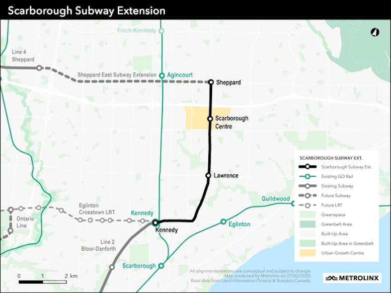A map showing the route of the 7.8-kilometer (4.85-mile) Scarborough Subway Extension; one of four priority transit projects of the province.