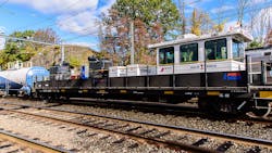 NJ Transit uses two AquaTrack machines to blast crushed leaf residue off the track during slippery rail season. NJ Transit uses two AquaTrack machines to blast crushed leaf residue off the track during slippery rail season.