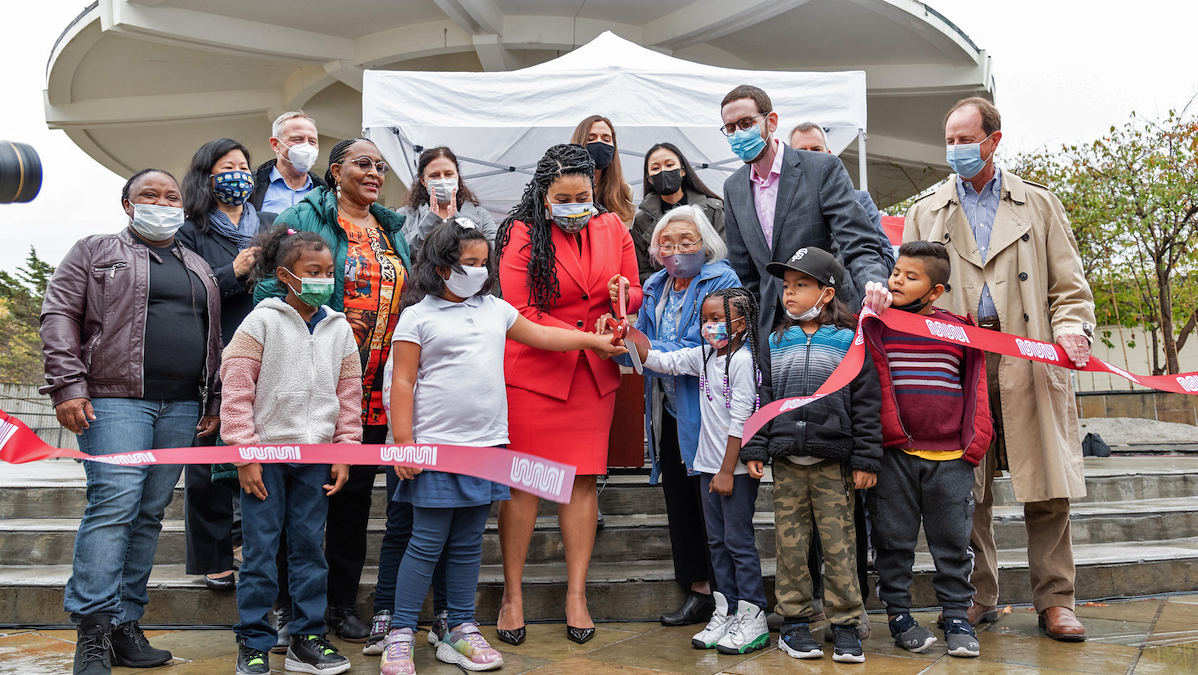 Mayor Breed and constituents celebrate the completion of the Geary project with a ribbon-cutting ceremony.