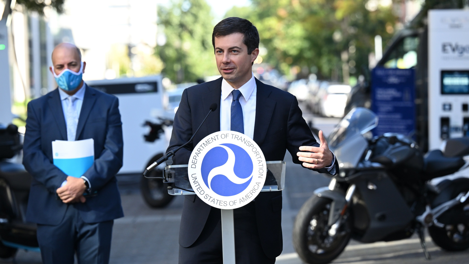 USDOT Sec. Buttigieg at an event highlighting electric vehicle technology shortly after returning from paternity leave.