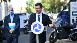 USDOT Sec. Buttigieg at an event highlighting electric vehicle technology shortly after returning from paternity leave. USDOT Sec. Buttigieg at an event highlighting electric vehicle technology shortly after returning from paternity leave.