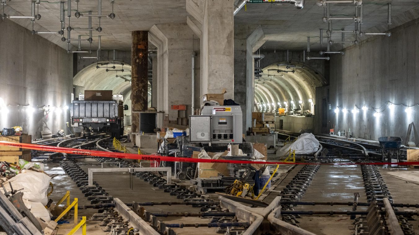 An image of the track work at Eglinton Station.