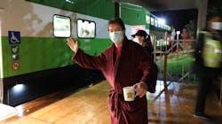 Coffee in hand – St. Marys, Ontario, Mayor Al Strathdee, dressed for the early morning occasion. Coffee in hand – St. Marys, Ontario, Mayor Al Strathdee, dressed for the early morning occasion.