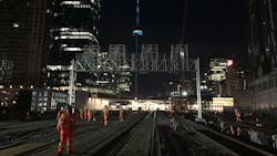 Night construction of a signal bridge along the Union Station rail corridor. Night construction of a signal bridge along the Union Station rail corridor.