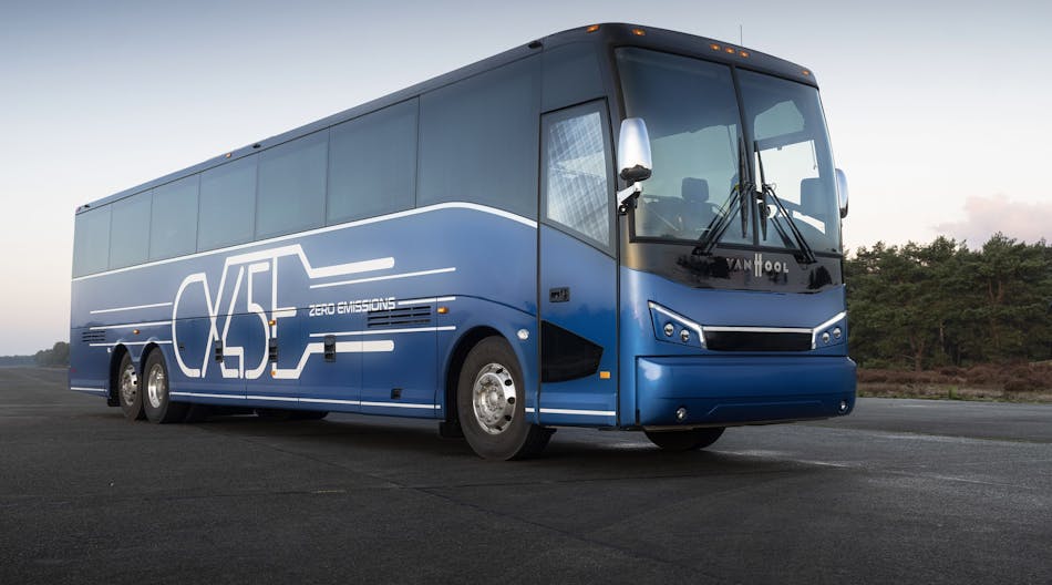 A product shot of a Van Hool electric motorcoach. The same model of vehicle will be used on LYNX&apos;s new zero-emission pilot project FASTLINK ZERO, which launched Nov. 8.