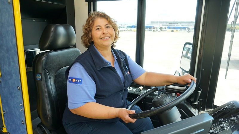 In a photo taken in 2017 (pre-COVID), TriMet bus operator Celina Kuder is shown.