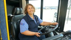 In a photo taken in 2017 (pre-COVID), TriMet bus operator Celina Kuder is shown.