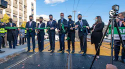 From left to right: MBTA GLT Senior Director Andres Achury, MBTA GLT Deputy Chief Desiree Patrice, MBTA Chief of Capital Transformation Angel Peña, MBTA General Manager Steve Poftak, MBTA Chief of Transit Police Kenneth Green, BU Vice President of Operations Derek Howe.
