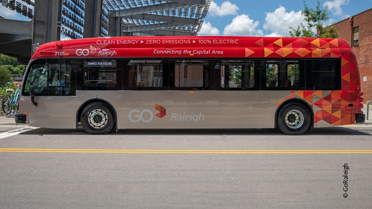 One of GoRaleigh's electric buses; the agency will utilize a smart charge management solution from INIT.