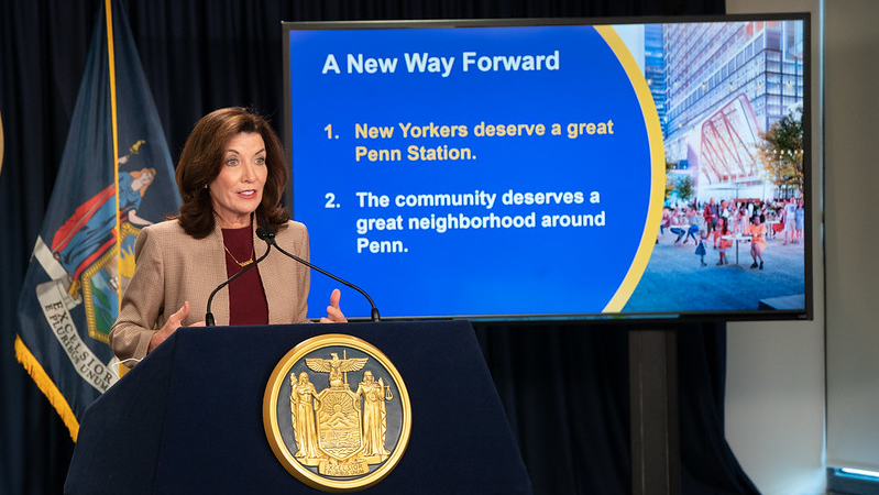 Gov. Hochul discusses her plan for New York Penn Station during a press conference Nov. 3.
