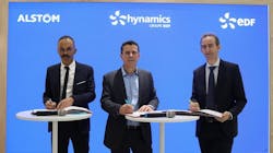 Stéphane Kaba (Alstom), Frédéric Dejean (Hynamics) and Yves Schlumberger (EDF) sign the partnership agreement on hydrogen trains. Stéphane Kaba (Alstom), Frédéric Dejean (Hynamics) and Yves Schlumberger (EDF) sign the partnership agreement on hydrogen trains.