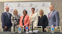Speakers at APTA's press conference included (L-R) Jeff Nelson, APTA Chair, and CEO/Managing Director, Rock Island County Metropolitan Mass Transit District; Katharine Kelleman, CEO, Port Authority of Allegheny County; Stephanie Wiggins, CEO, Los Angeles County Metropolitan Transportation Authority; Julie Timm, CEO, Greater Richmond Transit Company; Susan Meyer, CEO, Spokane Transit Authority and APTA President and CEO Paul Skoutelas.