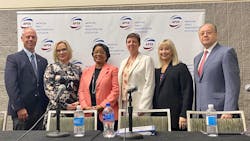 Speakers at APTA's press conference included (L-R) Jeff Nelson, APTA Chair, and CEO/Managing Director, Rock Island County Metropolitan Mass Transit District; Katharine Kelleman, CEO, Port Authority of Allegheny County; Stephanie Wiggins, CEO, Los Angeles County Metropolitan Transportation Authority; Julie Timm, CEO, Greater Richmond Transit Company; Susan Meyer, CEO, Spokane Transit Authority and APTA President and CEO Paul Skoutelas. Speakers at APTA's press conference included (L-R) Jeff Nelson, APTA Chair, and CEO/Managing Director, Rock Island County Metropolitan Mass Transit District; Katharine Kelleman, CEO, Port Authority of Allegheny County; Stephanie Wiggins, CEO, Los Angeles County Metropolitan Transportation Authority; Julie Timm, CEO, Greater Richmond Transit Company; Susan Meyer, CEO, Spokane Transit Authority and APTA President and CEO Paul Skoutelas.