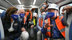 Gov. Hochul listens to LIRR President Phillip Eng on a LIRR train from Jamaica to Grand Central Terminal in Manhattan to take the first ceremonial train through the new site. Gov. Hochul listens to LIRR President Phillip Eng on a LIRR train from Jamaica to Grand Central Terminal in Manhattan to take the first ceremonial train through the new site.