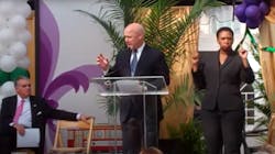 Then-Mayor of New Orleans Mitch Landrieu speaks at the 2013 opening of the Loyola Streetcar Line. Landrieu will serve as the Biden Administration&apos;s infrastructure coordinator for the Bipartisan Infrastructure Deal.