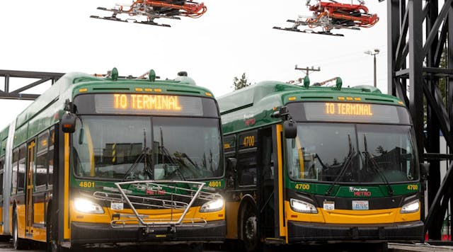 New King County Metro battery-electric coaches are seen at Metro&rsquo;s South Base in Tukwila.