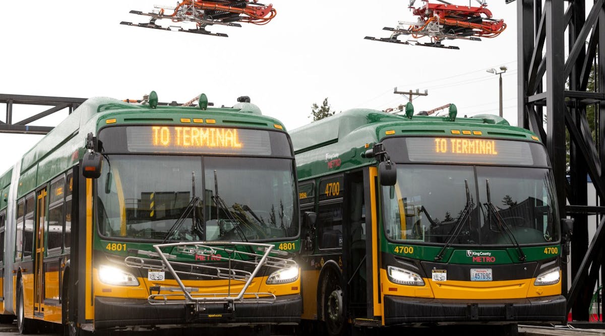 New King County Metro battery-electric coaches are seen at Metro&rsquo;s South Base in Tukwila.