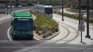 File image of bus and rail vehicles on Valley Metro&apos;s network in Phoenix, Ariz. According to USDOT, only four percent of Arizona transit vehicles are past their useful life. The BID contains funds to help transit agencies replace aging vehicles, among other transit investments.