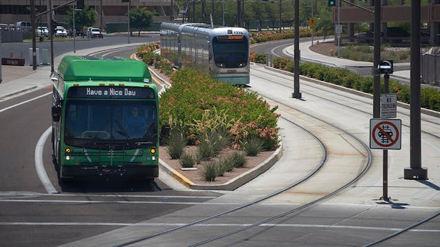 File image of bus and rail vehicles on Valley Metro&apos;s network in Phoenix, Ariz. According to USDOT, only four percent of Arizona transit vehicles are past their useful life. The BID contains funds to help transit agencies replace aging vehicles, among other transit investments.