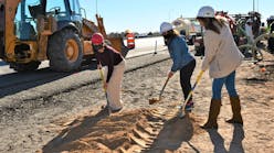 Interim Transit Director of ABQ RIDE Stephanie Dominguez, Council President Cynthia Borrego and Rancho Sereno Board Member Deborah Cox break ground on a new bus shelter at the corner of Coors Boulevard NW and Eagle Ranch Road.