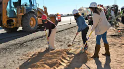 Interim Transit Director of ABQ RIDE Stephanie Dominguez, Council President Cynthia Borrego and Rancho Sereno Board Member Deborah Cox break ground on a new bus shelter at the corner of Coors Boulevard NW and Eagle Ranch Road.
